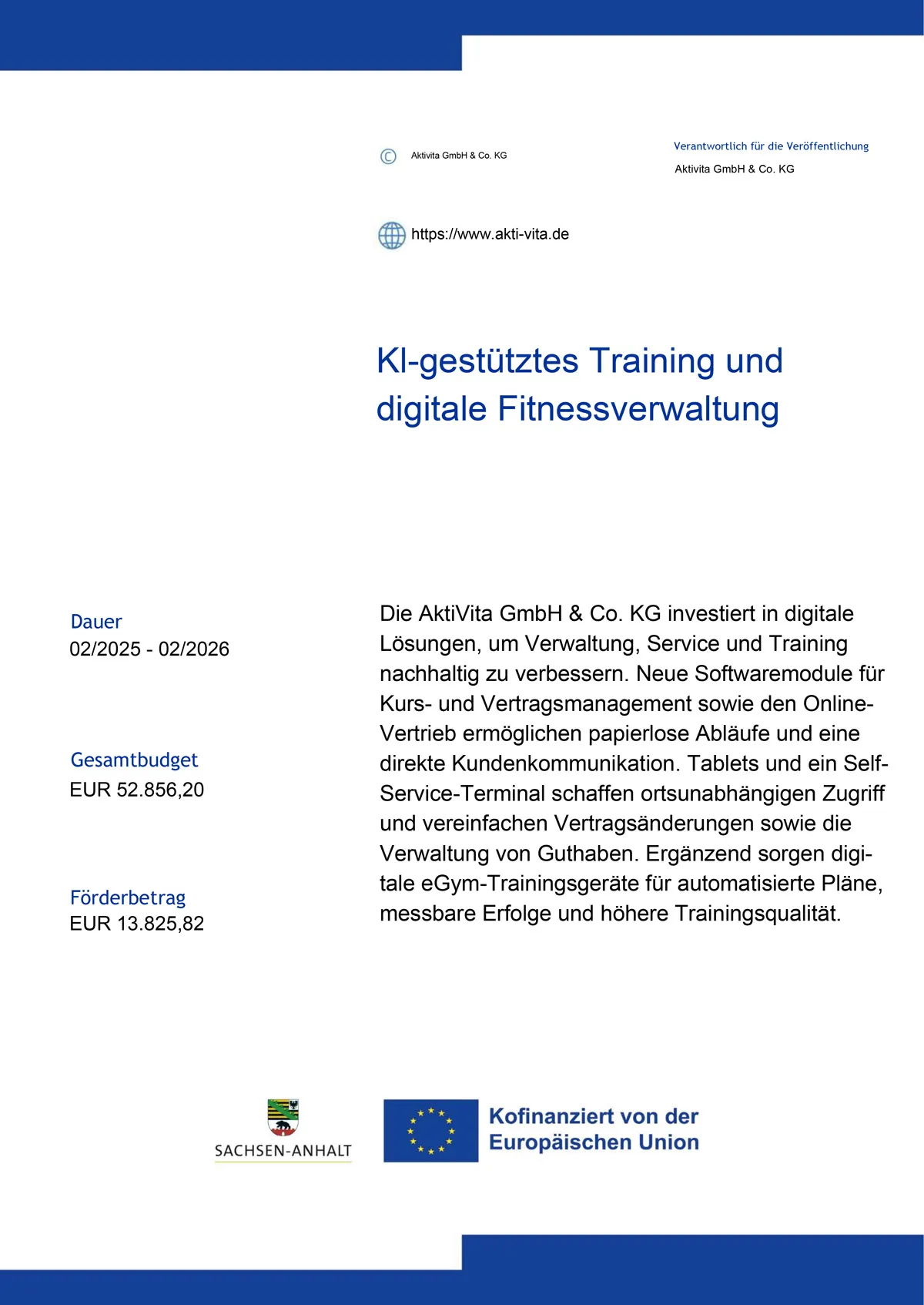 Publizitätsnachweis: KI-gestütztes Training und digitale Fitnessverwaltung, kofinanziert von der Europäischen Union und dem Land Sachsen-Anhalt